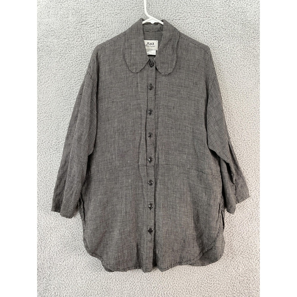 FLAX Tunic Womens S Black Linen Button-Up 3/4 Sleeve Relaxed Pockets Collared